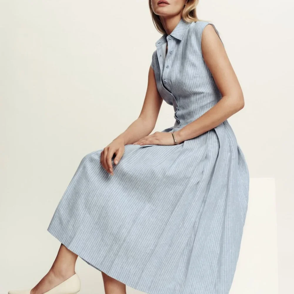 Reformation Prim Linen Dress Sz4 Blue/White Stripes - Picture 1 of 6
